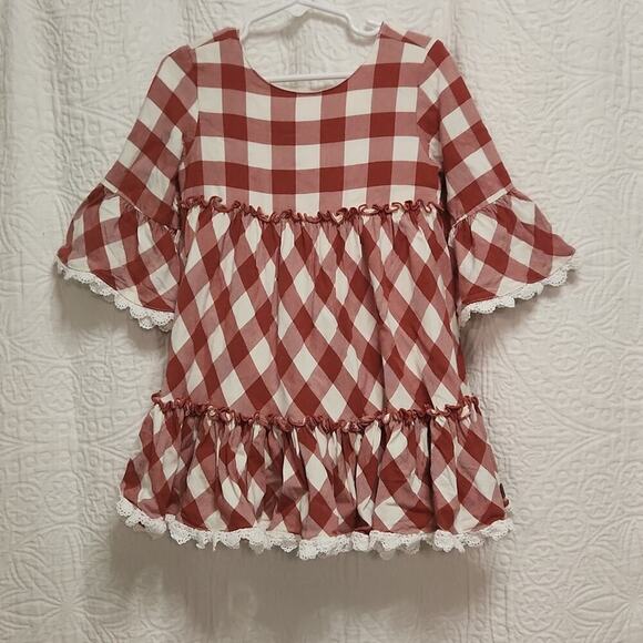Matilda Jane dress size 4 dress rust color and off white plaid with lace ruffles - Picture 1 of 8